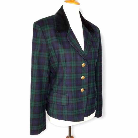 Vtg JH Collectibles 100% Wool Blazer Size 10 Tartan Plaid Velvet Collar USA - Picture 3 of 12